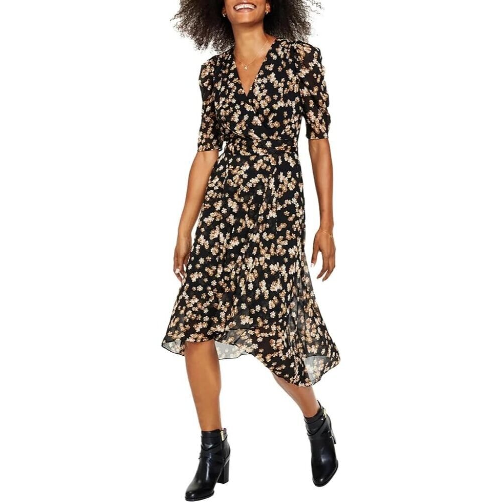 Tommy Hilfiger SZ 2 Floral Wrap Dress Black Gold Flowers - Picture 9 of 10